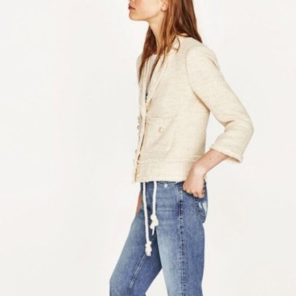 New Zara Ivory Ecru Tweed Textured Blazer Jacket w/Pockets, Pearl Buttons, Ivory - Picture 9 of 14
